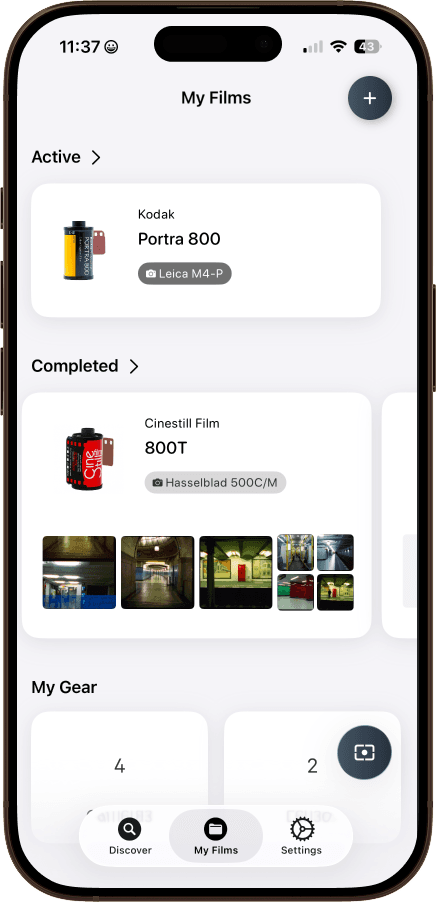 FilmFolio app interface showing film roll tracker with exposure logging on iPhone